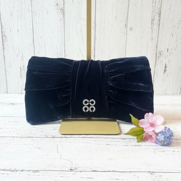 Coach Velvet Pleated Clutch Wristlet Black Purple Satin Snap Closure Evening Bag - Picture 1 of 14